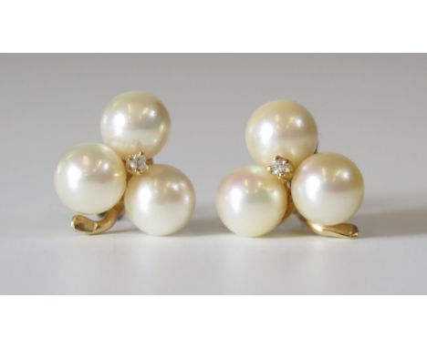 A Pair of 9ct Gold Pearl and Diamond 'Clover' Earrings, 14mm diam., 3.7g 