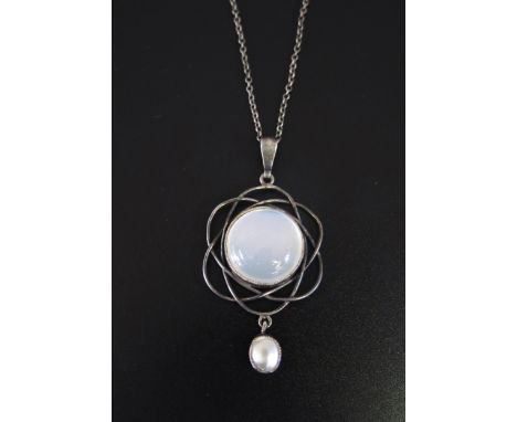 An Arts &amp; Crafts Moonstone and Blister Pearl Pendant Necklace (47mm drop, 20" chain) 