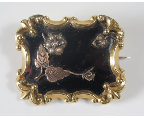 A Victorian Unmarked Gold, Black Enamel and Pearl Brooch with glazed woven hair panel to the back, 39x31mm, 16.1g 
