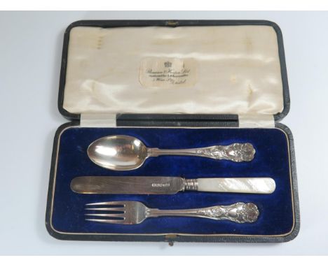 A George V Cased Silver Christening Set, the knife with mother of pearl handle, Sheffield 1917, James Dixon &amp; Sons Ltd., 