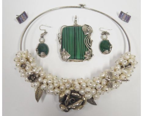A Silver and Malachite Pendant with foliate decoration (6x4cm) and with matching earrings, pearl and white metal costume neck