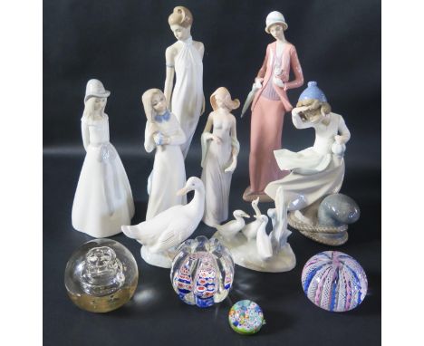 A Collection of Nao and other ornaments and glass paperweights 