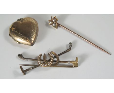 An 18ct Gold and Pearl Maple Leaf Pin (1.2g), 15ct gold and pearl riding brooch (3.1g) and 9ct gold front and back heart shap