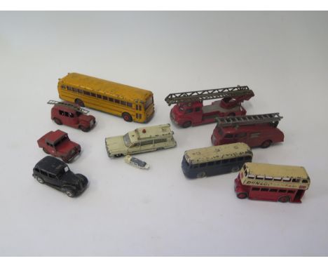 A Collection of Playworn Dinky Toy Buses, Fire Engines, Ambulance and Taxi 