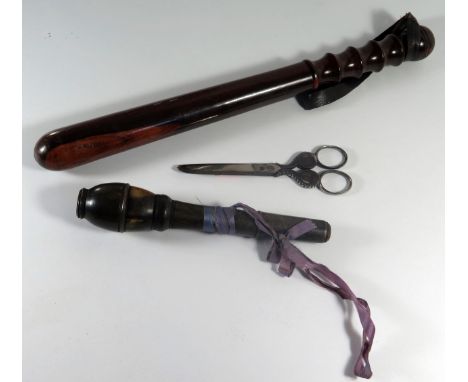 A Military Police Rosewood Truncheon, horn flask and pair of early scissors 