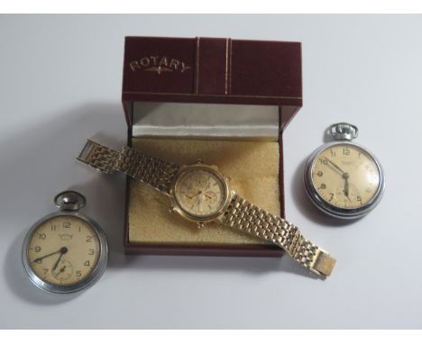 A Boxed ROTARY Gold Plated Chronograph Wristwatch and two pocket watches. All A/F 