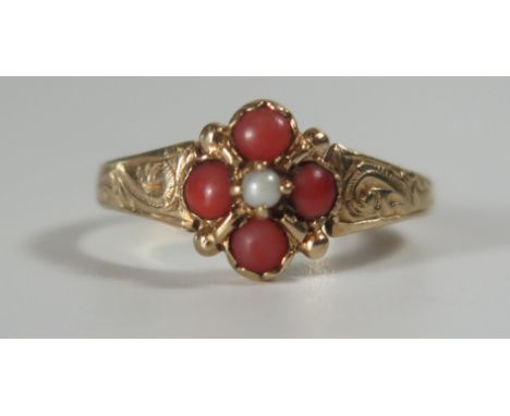 A 9ct Gold, Coral and Pearl Ring, size N.75, 2.3g 