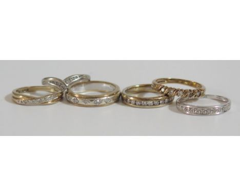 Six 9ct Gold and Diamond rings, sizes P, M.5 x 2, M, L x 2, 16.8g 
