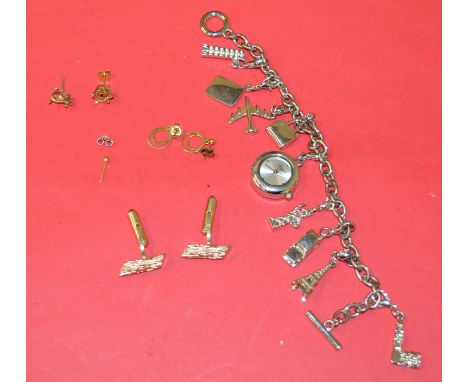 POLICE > Ladies white metal charm bracelet with watch, together with 3 pairs of earrings. [NO RESERVE] [VAT ON HAMMER PRICE]