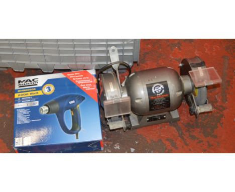 PERFORMANCE POWER 150mm bench grinder. Together with a MAC ALLISTER MHG2000A Hot Air Gun in original box. [NO RESERVE]
