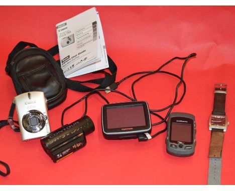 TomTom SatNav, Canon DIGITAL IXUS 750 camera, CONTOUR HD helmet cam, VESTAL wrist watch and a GARMIN Edge 605.