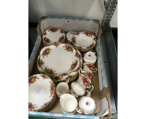 The residue of a Royal Albert bone china dinner and tea service decorated in the Old Country Roses pattern.