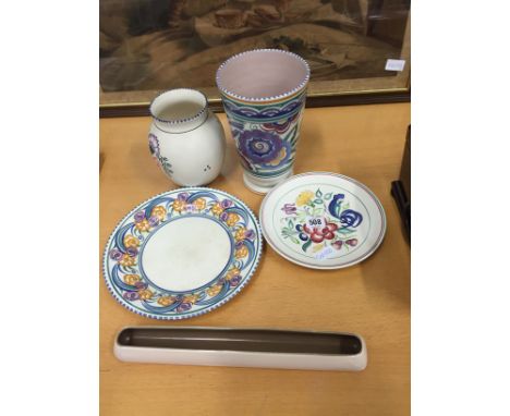 Five various Poole Pottery items including an HE pattern vase.