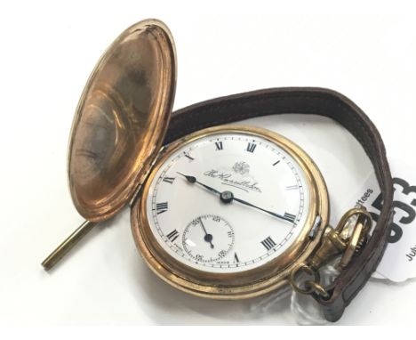 A Gentlemans gold plated cased pocket watch with white enamel dial, Roman Numerals and subsidiary dial.