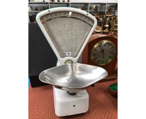 A pair of white enamel Avery Grocer's shop scales.