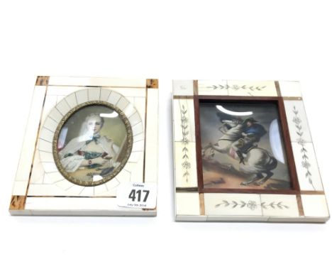 A painted miniature portrait in antique style bone frame: Napoleon on horseback together with another: Young lady in formal 1