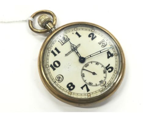 A Gentleman's gold plated cased military open faced pocket watch by Jaeger Lecoultre, with large Arabic numerals and subsidia