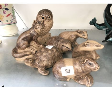 Seven various Poole Pottery Barbara Linley Adams stoneware models to include a Hamster, two Badgers, Hedgehog, Fox, Owl and T