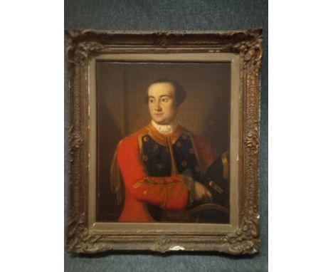 An 18th century oil on canvas laid on board, portrait of a gentleman in military dress uniform in a gilt frame with label to 