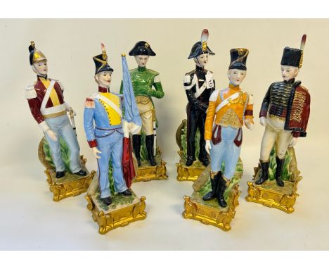 Set of six German enamelled porcelain figurine soldiers 