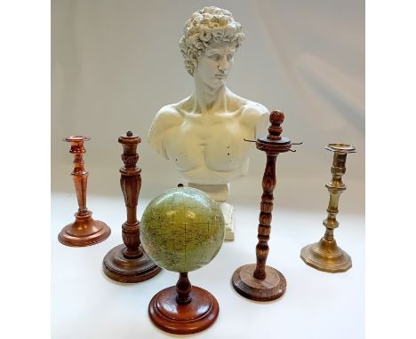 Casted metal bust, antique world table globe and candlesticks