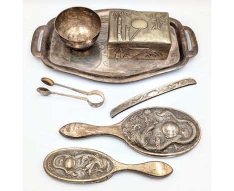 Chinese silver dressing table items together with plated tray, bowl and cigarette box