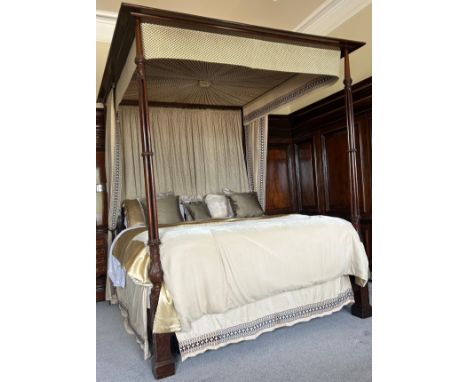 Hepplewhite style mahogany four poster bed The canopy with radiating cloth rouched detail, the whole with pelmet and side dra