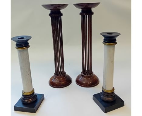 Pair of metal table candlesticks with scumbled wood finish, pricket sconce, the column as a group of metal spindles, stepped 