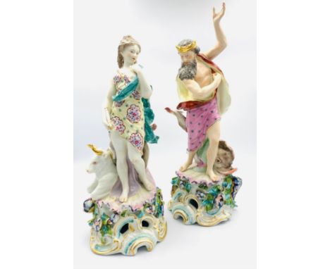 Pair 19th century porcelain figures in Chelsea style of Neptune with Dolphin and EuropaHeight: 34cm