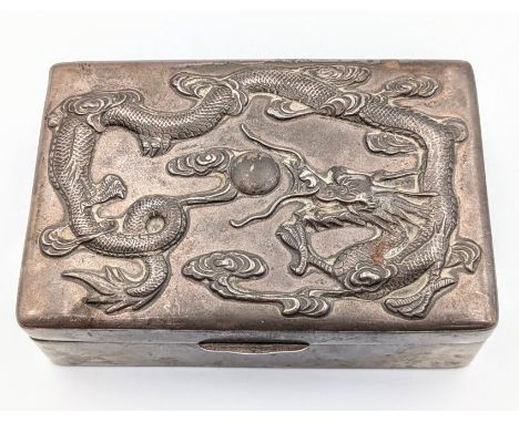 Silver cigarette box with wooden liner and Chinese dragon design Weight - 348g