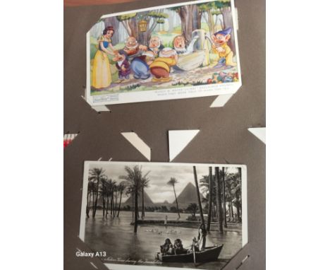 Vintage Post Card Album, to include cards of Trains, Cars, Places,  Walt Disney Post Cards and many more,  Over 55 pages fill