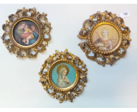 A group of three 19th century carved giltwood small frames each with a miniature portrait[9x9cm]