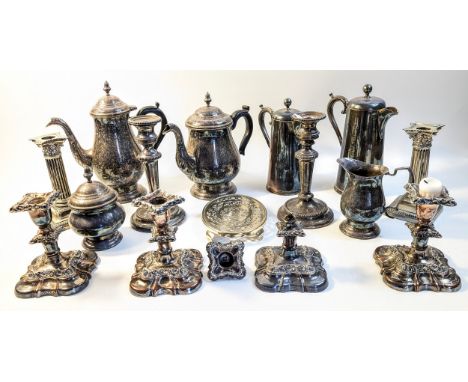 Large collection of silver plated ware to include candlesticks, tea and coffee service