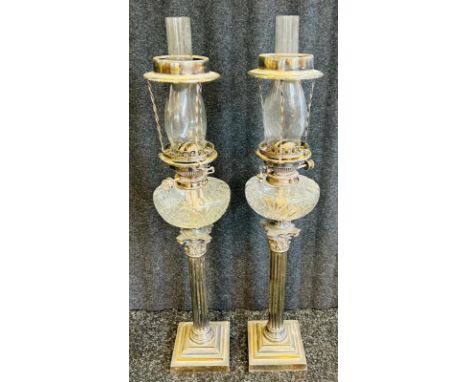 Pair plated late 19th century paraffin lampsCrystal font raised on Corinthian column supports square base