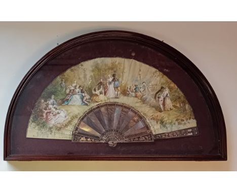 Cased hand painted Brise Fan with mother of pearl19th Century Pastoral SceneCase comes with key[Frame 42x70cm]