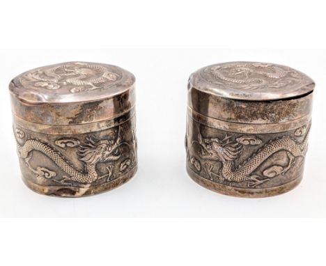 Pair of Chinese Silver dragon pattern circular lidded boxes possibly late Qing Dynasty Weight - 228g