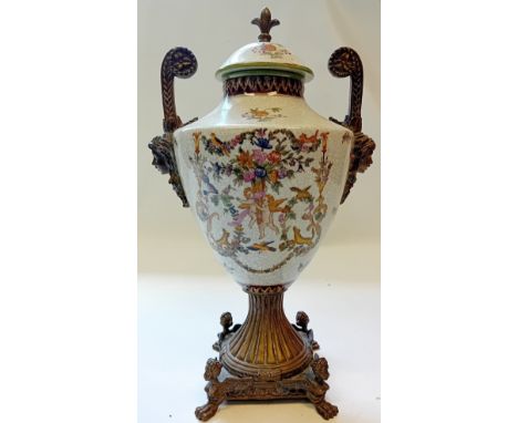 Twin handled urn with enamelled cherub decoration[44cm]