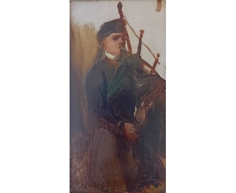 Scottish school 19th century  Half-length portrait sketch young piperOil on mahogany panel[20x11cm]