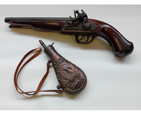 Reproduction Buckle Pistol with double barrel and reproduction civil war powder flask 