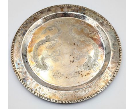 Large Chinese silver dragon pattern plate Weight - 700g
