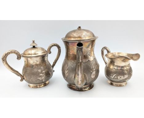 Chinese silver three piece tea service possibly late Qing dynasty Weight - 809.62g
