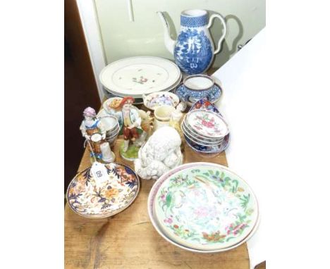 Assorted Oriental and other china, three Continental figures, tea bowls and saucers