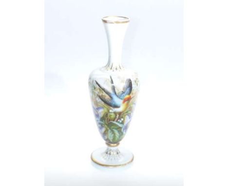 Victorian bird and flower painted opaque glass vase