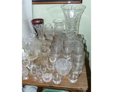 Large cut glass vase, ruby overlay vase and collection of assorted glasses, etc