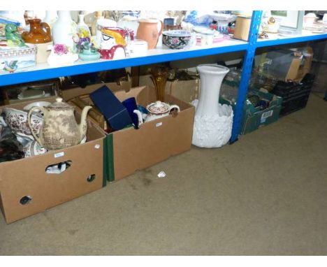 Six boxes of china, glass, jardiniere and stand, light fittings, etc