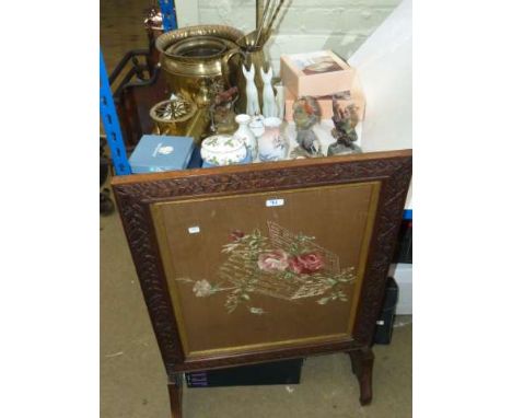 Oak firescreen, brass jardinieres and brassware, Wedgwood, Carlton Ware china, etc