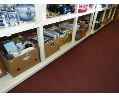 Full shelf of various china, glassware, collectors guides, prints, film magazines, etc