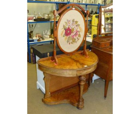 Victorian burr walnut demi lune side table bearing paper label for Bruce & Co, Baker St and oval needlework panel firescreen 