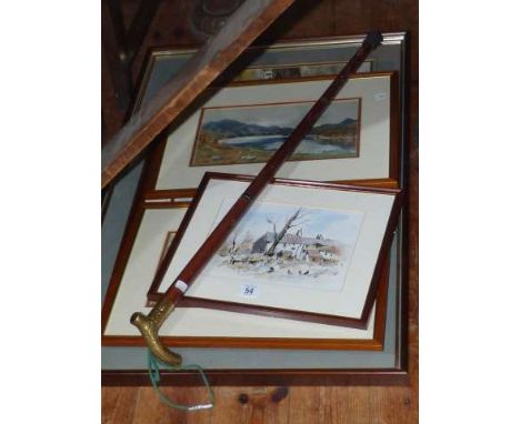 Watercolours, prints and walking stick