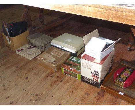 Zither, coins, modern pocket watches, Fidelity tape deck, postcards, records, camera and accessories, etc
